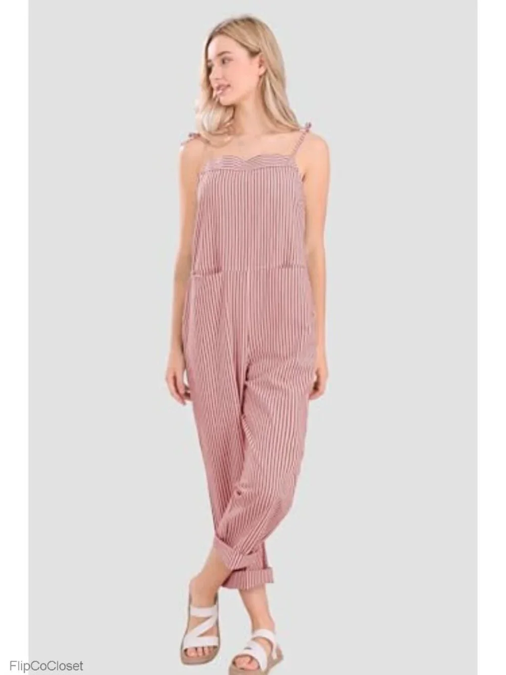 Women's Striped Overalls Loose Fit Cotton Linen Bib Pants